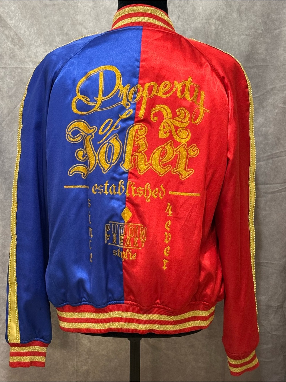 Cosplay Harley Quinn/ Suicide Squad- Blue & Red Satin Embroidered Bomber Jacket-